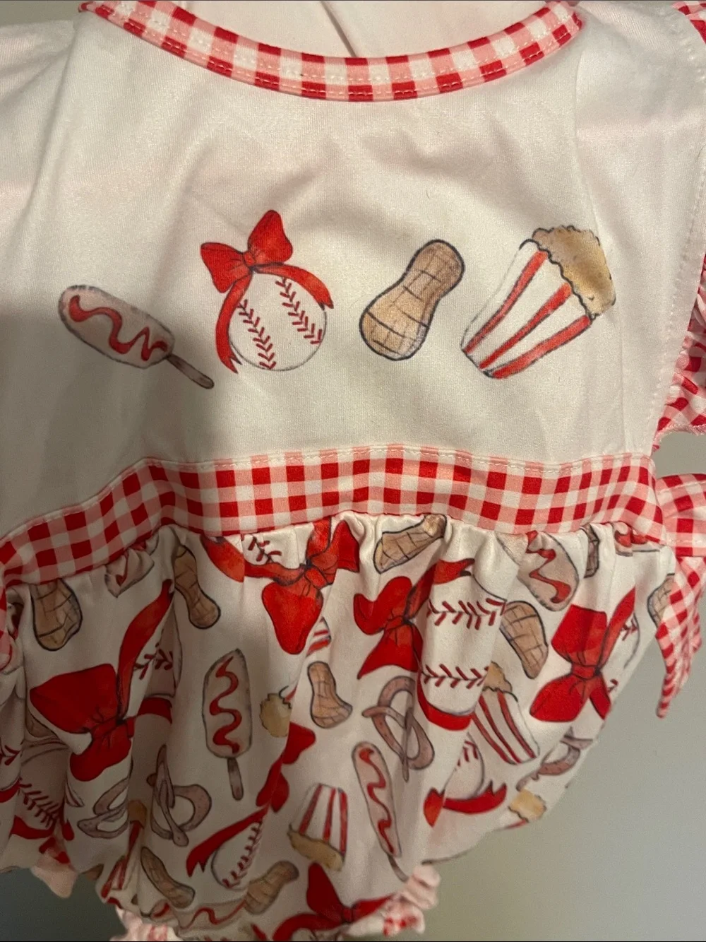Red & White Gingham Baseball Bubble Romper 2T girls bow